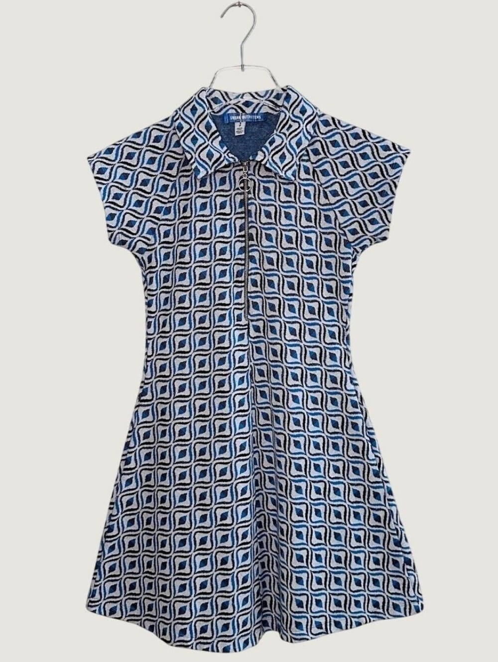 Urban Outfitters Blue Geometric Mod Half Zip Mini Dress Short Sleeve Collared